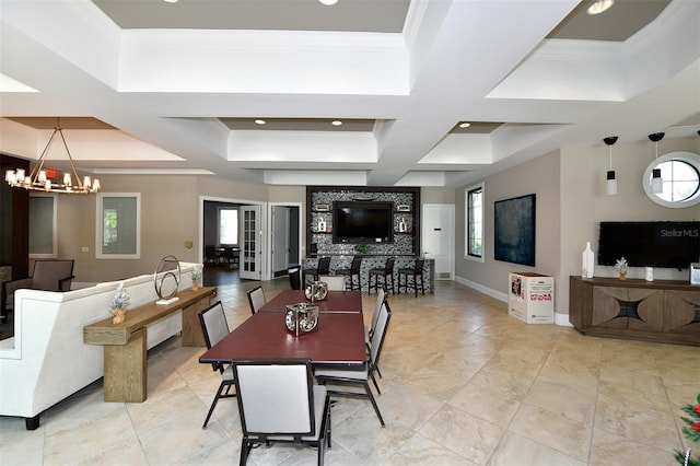 5910 Hevena Ct, Palmetto, FL 34221 - dining space with a chandelier, coffered ceiling, recessed lighting, and crown molding