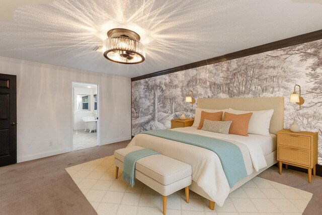 9122 16th Avenue Cir NW, Bradenton, FL 34209 - bedroom with ornamental molding, carpet, ensuite bath, and wallpapered walls