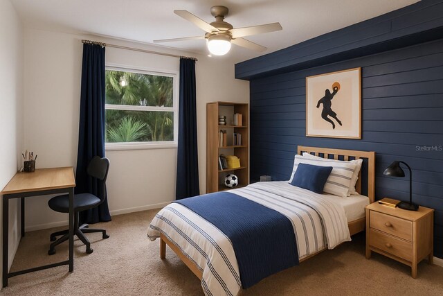 9122 16th Avenue Cir NW, Bradenton, FL 34209 - carpeted bedroom featuring wood walls and a ceiling fan