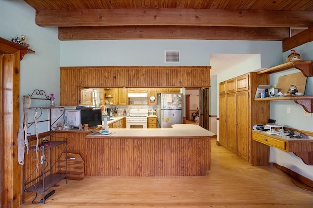 5034 257th St E, Myakka City, FL 34251 - kitchen with white gas range, freestanding refrigerator, open shelves, light wood finished floors, and a peninsula