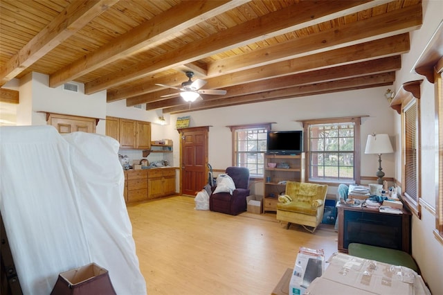 5034 257th St E, Myakka City, FL 34251 - living room featuring light wood-style floors, a wooden ceiling with exposed beams, and ceiling fan