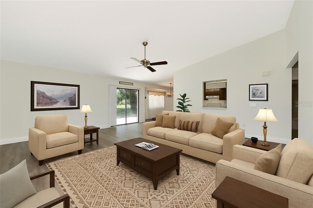 26147 L And J Rd, Myakka City, FL 34251 - living area featuring light wood-type flooring, a ceiling fan, and lofted ceiling