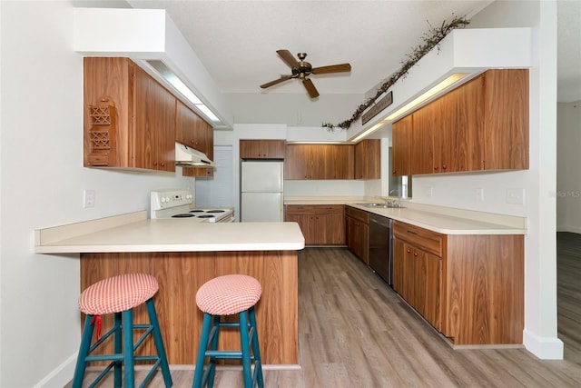 26147 L And J Rd, Myakka City, FL 34251 - kitchen with stove, freestanding refrigerator, under cabinet range hood, brown cabinets, and dishwasher