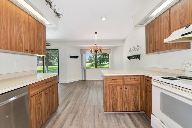 26147 L And J Rd, Myakka City, FL 34251 - kitchen featuring electric range, dishwasher, under cabinet range hood, and light wood finished floors