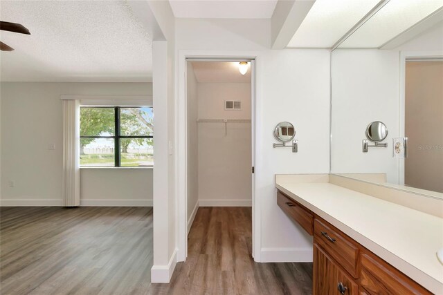 26147 L And J Rd, Myakka City, FL 34251 - bathroom with wood finished floors, vanity, ceiling fan, a spacious closet, and a textured ceiling