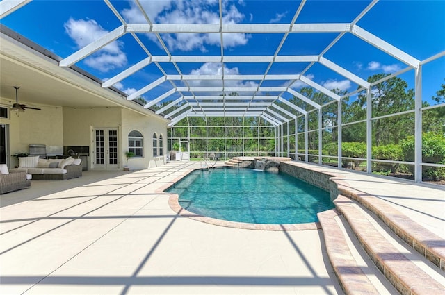 20207 71st Ave E, Bradenton, FL 34211 - outdoor pool featuring french doors, a patio, an outdoor hot tub, an outdoor living space, and a ceiling fan