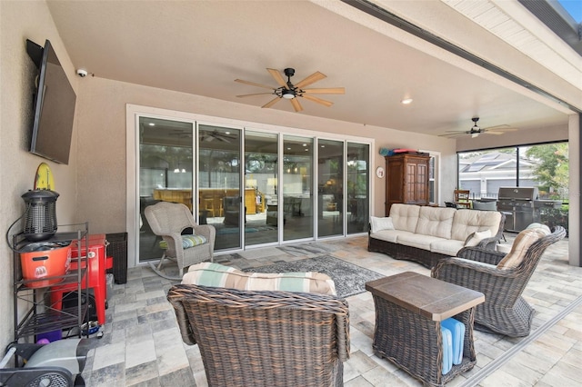 5802 Alabaster Stone Ln, Apollo Beach, FL 33572 - view of patio featuring a ceiling fan, an outdoor living space, and a grill