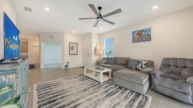 17817 Pastureland Ave, Lakewood Ranch, FL 34211 - tiled living area featuring a ceiling fan and recessed lighting