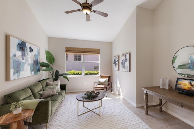 7419 Birds Eye Ter, Bradenton, FL 34203 - living area featuring vaulted ceiling, ceiling fan, and light tile patterned flooring