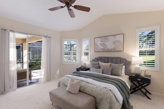 7419 Birds Eye Ter, Bradenton, FL 34203 - bedroom with carpet flooring, access to outside, lofted ceiling, and ceiling fan