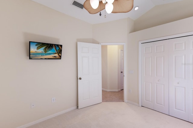 7419 Birds Eye Ter, Bradenton, FL 34203 - unfurnished bedroom featuring carpet, a closet, lofted ceiling, and a ceiling fan