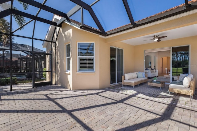 7419 Birds Eye Ter, Bradenton, FL 34203 - view of patio / terrace featuring a lanai, ceiling fan, and outdoor lounge area
