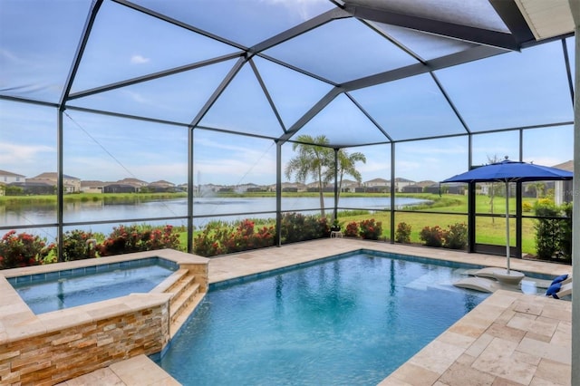 12564 Night View Dr, Sarasota, FL 34238 - view of pool featuring a water view, a lanai, a patio, and a pool with connected hot tub