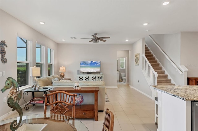 12564 Night View Dr, Sarasota, FL 34238 - living area featuring a ceiling fan, recessed lighting, and stairway