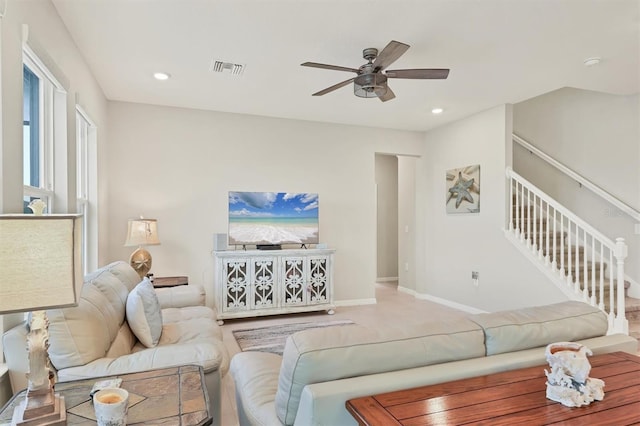 12564 Night View Dr, Sarasota, FL 34238 - living area featuring a ceiling fan, stairs, and recessed lighting