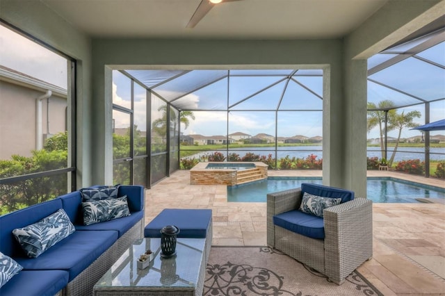 12564 Night View Dr, Sarasota, FL 34238 - view of patio / terrace featuring a water view, glass enclosure, an outdoor hangout area, and a pool with connected hot tub