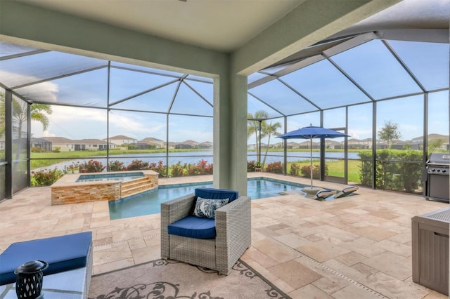 12564 Night View Dr, Sarasota, FL 34238 - view of patio / terrace featuring a water view, a grill, and glass enclosure