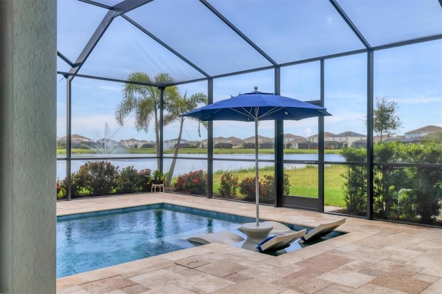 12564 Night View Dr, Sarasota, FL 34238 - swimming pool featuring a water view, glass enclosure, and a patio area