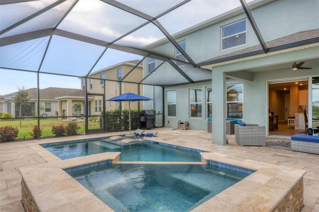 12564 Night View Dr, Sarasota, FL 34238 - view of swimming pool featuring area for grilling, a patio area, a pool with connected hot tub, and ceiling fan
