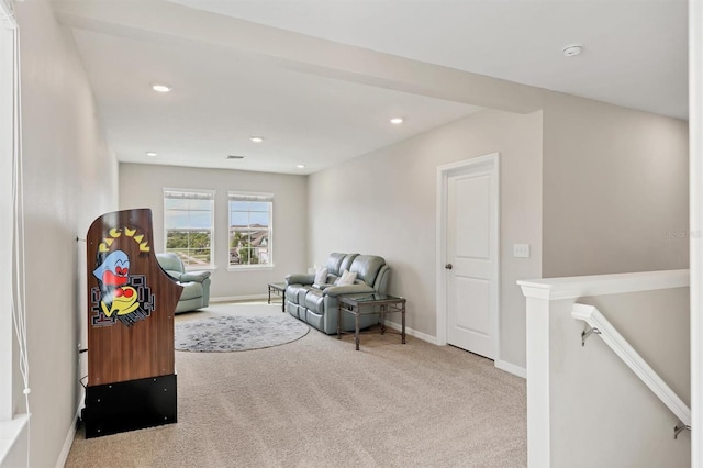 12564 Night View Dr, Sarasota, FL 34238 - living area featuring carpet flooring, an upstairs landing, and recessed lighting