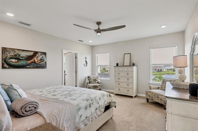 12564 Night View Dr, Sarasota, FL 34238 - bedroom with light carpet, a ceiling fan, and recessed lighting