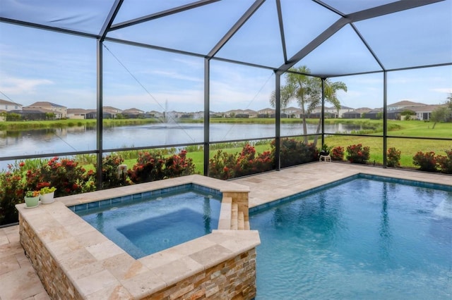 12564 Night View Dr, Sarasota, FL 34238 - outdoor pool with an in-ground hot tub, a water view, a patio, and glass enclosure