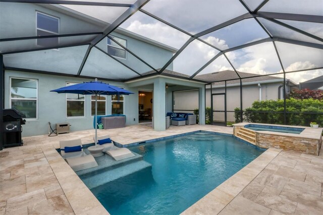 12564 Night View Dr, Sarasota, FL 34238 - view of pool featuring a patio, grilling area, a lanai, and a pool with connected hot tub