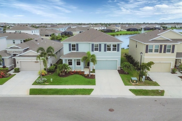 12564 Night View Dr, Sarasota, FL 34238 - view of front facade with a residential view, concrete driveway, stucco siding, roof with shingles, and a garage