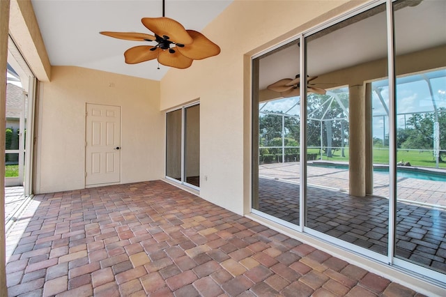 2148 Date Palm Way, Venice, FL 34292 - unfurnished sunroom with a ceiling fan, lofted ceiling, and a swimming pool
