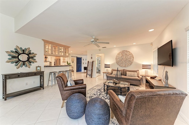 160 Coolidge Dr, Sarasota, FL 34236 - living room with light tile patterned floors, a ceiling fan, and recessed lighting