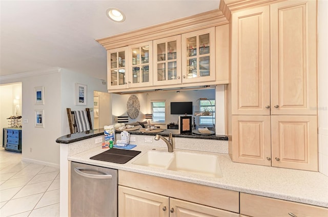 160 Coolidge Dr, Sarasota, FL 34236 - kitchen featuring glass insert cabinets, ornamental molding, light tile patterned flooring, light stone counters, and open floor plan