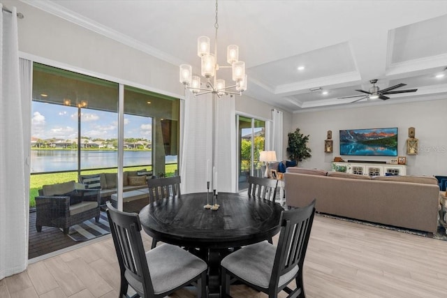 3344 Anchor Bay Trl, Bradenton, FL 34211 - dining space featuring crown molding, a chandelier, a water view, light wood-style flooring, and beam ceiling