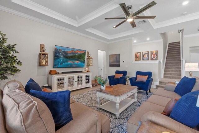3344 Anchor Bay Trl, Bradenton, FL 34211 - living room with ceiling fan, stairway, ornamental molding, wood finished floors, and recessed lighting