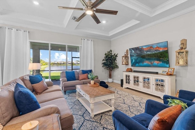 3344 Anchor Bay Trl, Bradenton, FL 34211 - living room featuring a ceiling fan, wood finished floors, recessed lighting, ornamental molding, and coffered ceiling