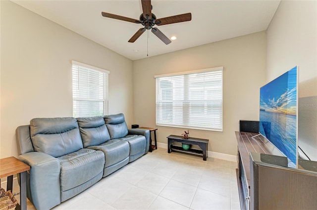 11685 Great Brook Ln, Parrish, FL 34219 - living area with ceiling fan, light tile patterned floors, and recessed lighting