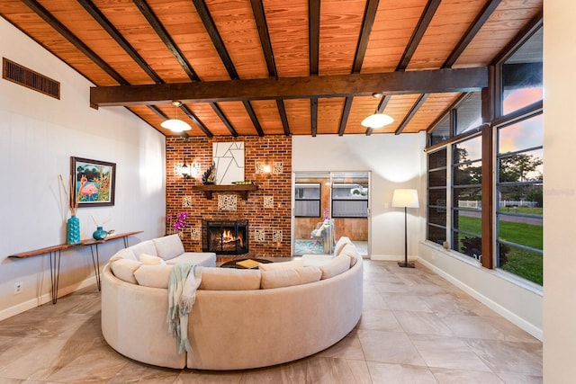 4232 Pandora Rd, Venice, FL 34293 - living area with wood ceiling, a brick fireplace, and plenty of natural light