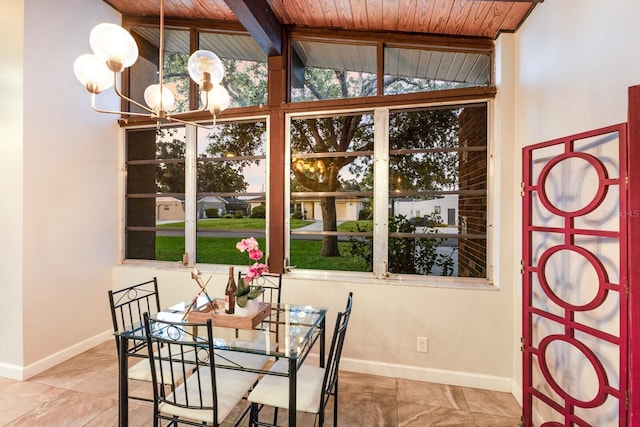 4232 Pandora Rd, Venice, FL 34293 - dining room featuring a wooden ceiling with exposed beams, a chandelier, and plenty of natural light
