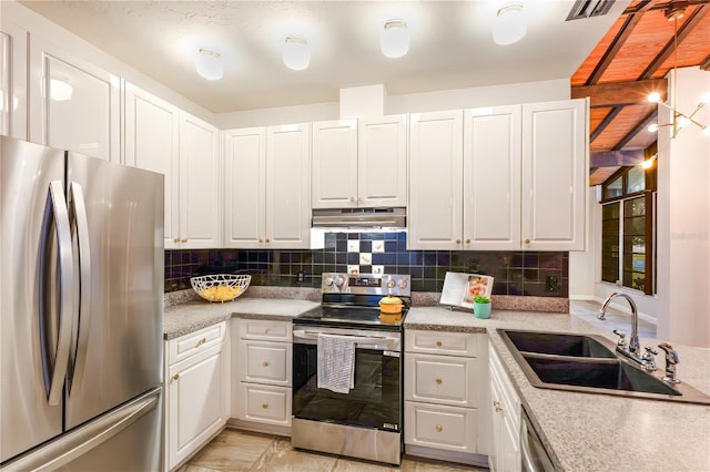 4232 Pandora Rd, Venice, FL 34293 - kitchen with stainless steel appliances, under cabinet range hood, white cabinets, and tasteful backsplash