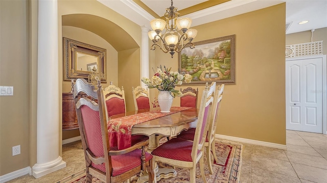 8183 Nice Way, Sarasota, FL 34238 - dining space featuring a chandelier, tile patterned flooring, ornamental molding, and recessed lighting