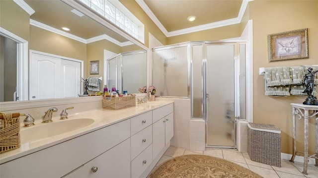 8183 Nice Way, Sarasota, FL 34238 - full bath with a shower with door, double vanity, tile patterned flooring, and ornamental molding