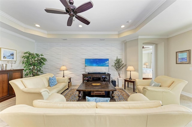 138 Toscavilla Blvd, Nokomis, FL 34275 - living area featuring a tray ceiling, a ceiling fan, crown molding, and recessed lighting
