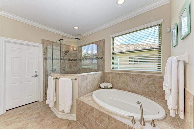 138 Toscavilla Blvd, Nokomis, FL 34275 - bathroom with a bath, a stall shower, ornamental molding, recessed lighting, and tile patterned flooring