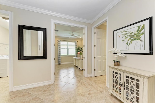 138 Toscavilla Blvd, Nokomis, FL 34275 - hallway with crown molding, independent washer and dryer, and light tile patterned flooring