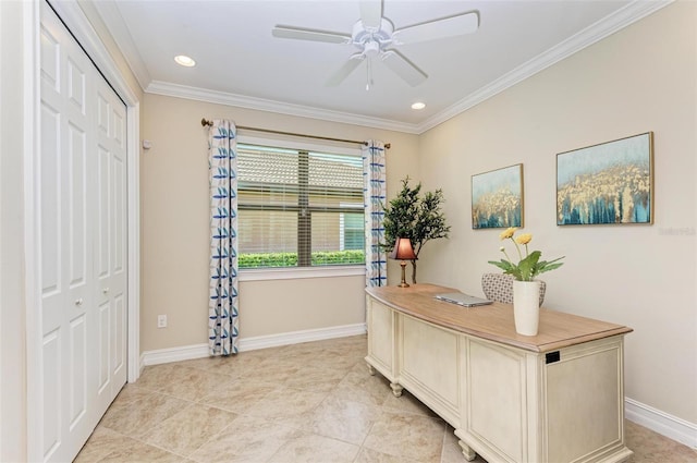 138 Toscavilla Blvd, Nokomis, FL 34275 - home office featuring ceiling fan, crown molding, recessed lighting, and light tile patterned floors
