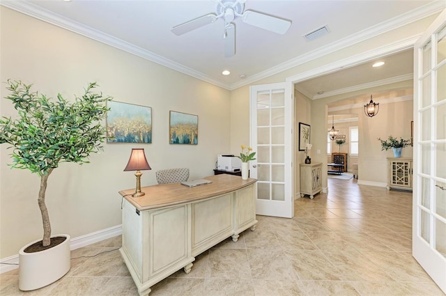 138 Toscavilla Blvd, Nokomis, FL 34275 - office featuring french doors, ornamental molding, ceiling fan, light tile patterned floors, and recessed lighting