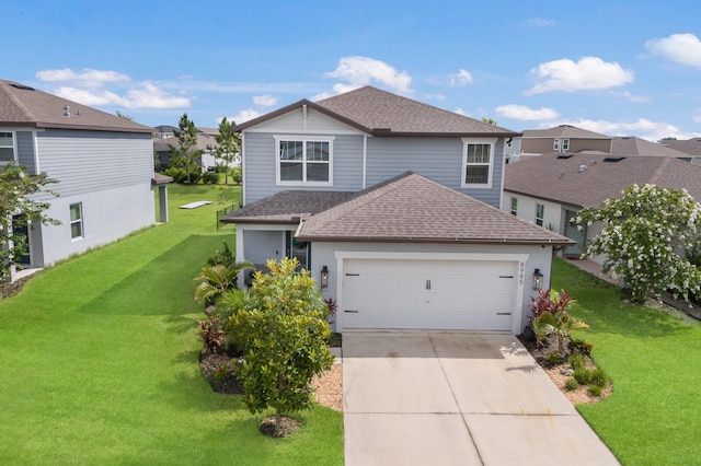 8985 Royal River Cir, Parrish, FL 34219 - traditional-style house featuring a shingled roof, concrete driveway, a front yard, an attached garage, and a residential view
