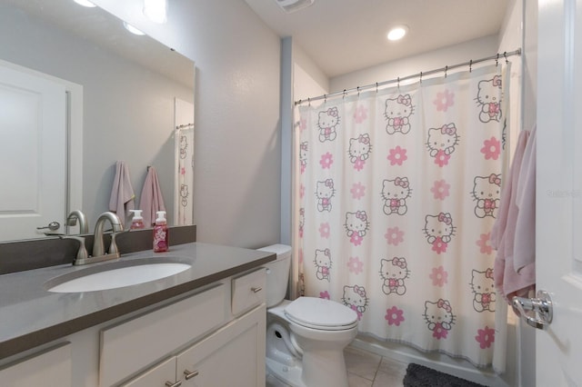 8985 Royal River Cir, Parrish, FL 34219 - full bathroom with vanity, tile patterned flooring, recessed lighting, and shower / bath combo with shower curtain