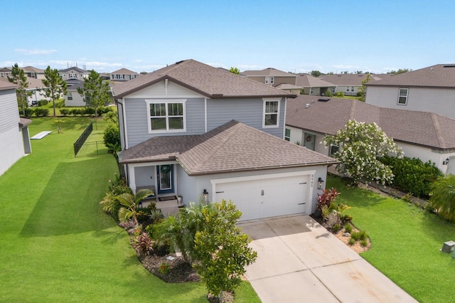 8985 Royal River Cir, Parrish, FL 34219 - traditional-style home with a residential view, driveway, an attached garage, a shingled roof, and a front yard