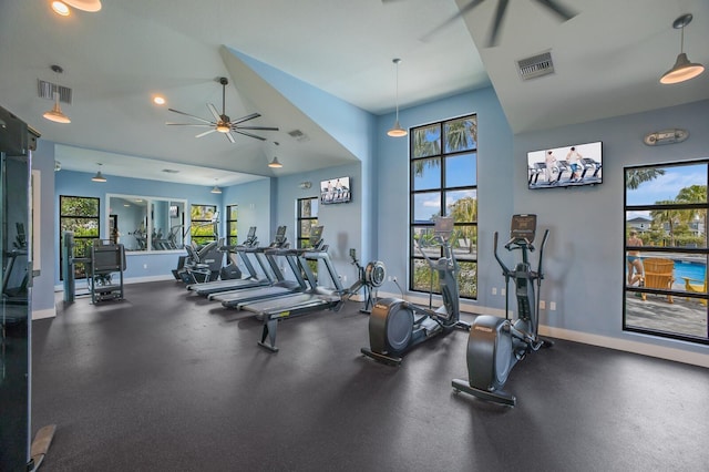 8985 Royal River Cir, Parrish, FL 34219 - exercise room featuring ceiling fan and recessed lighting
