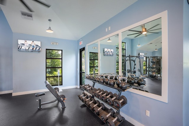 8985 Royal River Cir, Parrish, FL 34219 - gym with a ceiling fan and baseboards